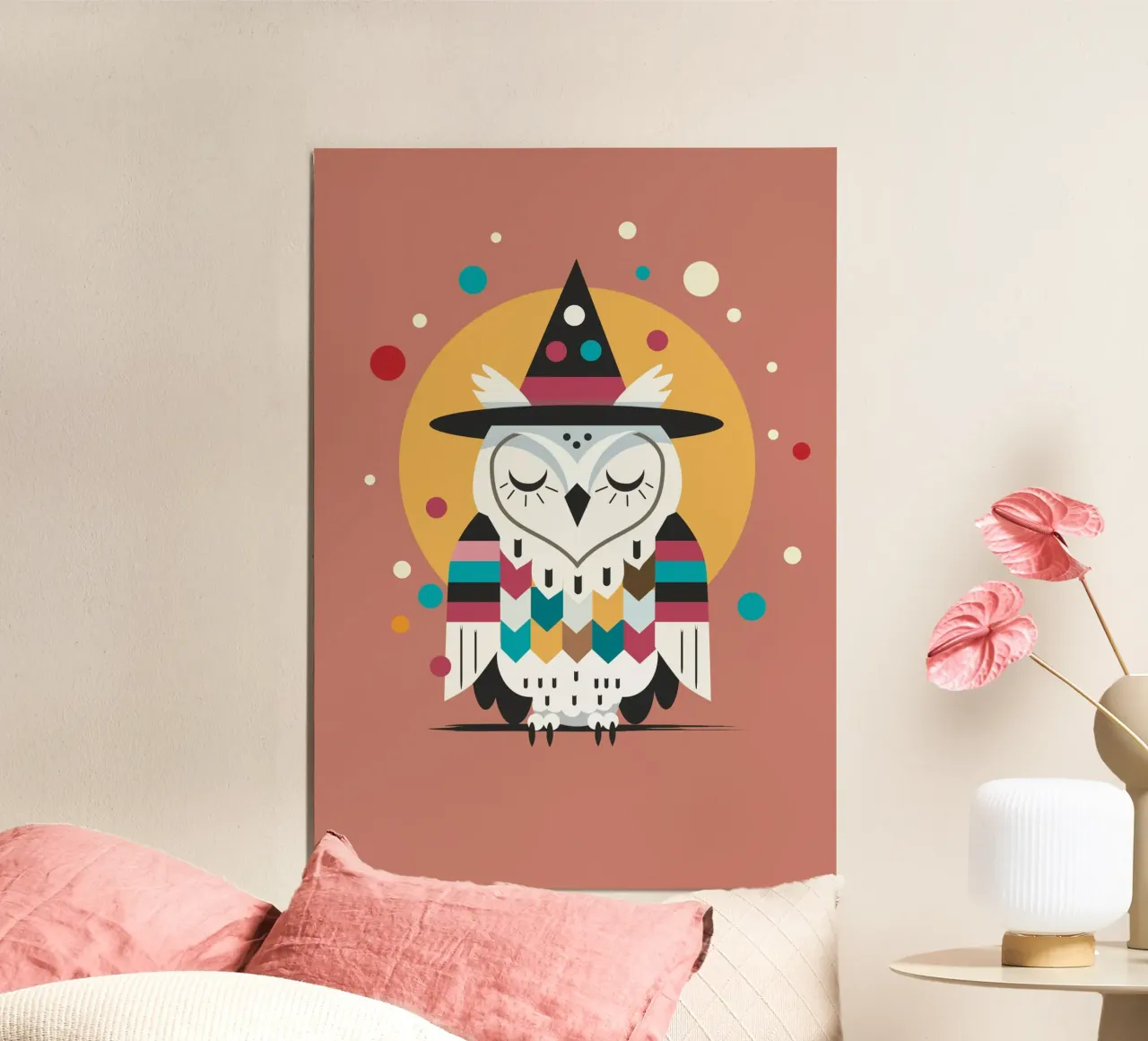 Gufo di Halloween con cappello da strega - Motivo colorato per Halloween poster con telaio in alluminio da namosh