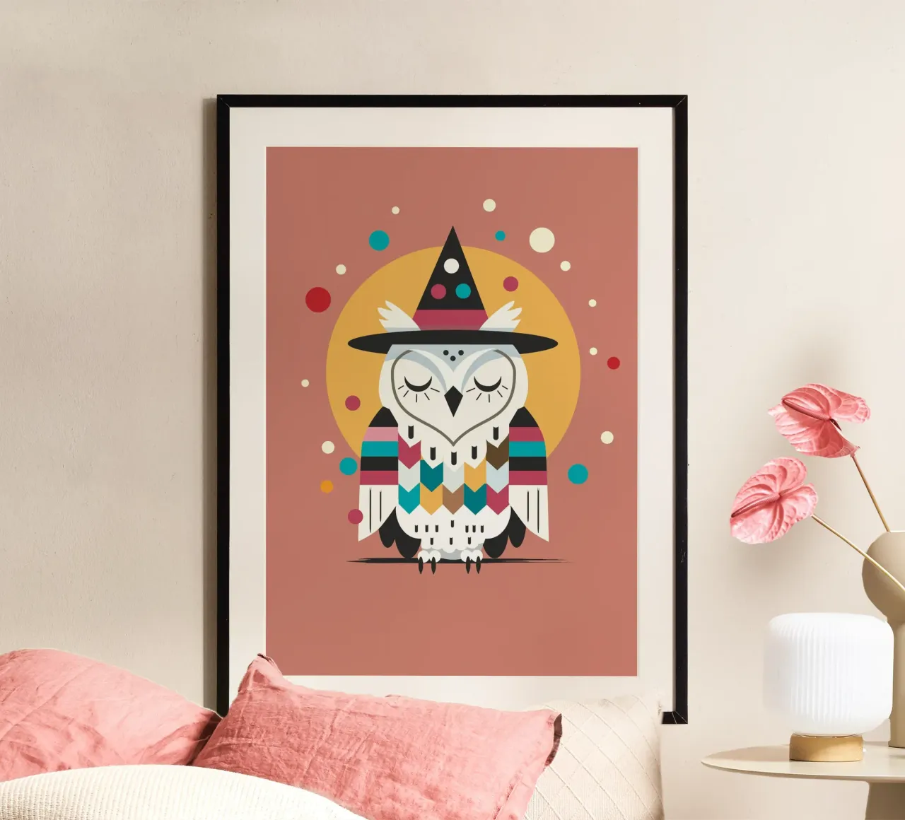 Gufo di Halloween con cappello da strega - Motivo colorato per Halloween poster con telaio in alluminio da namosh