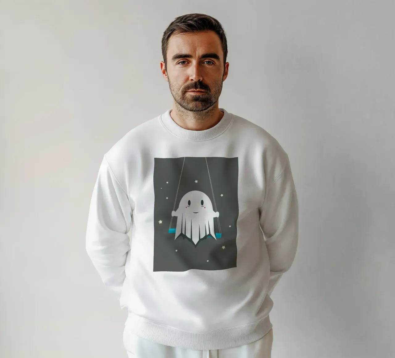 Smiling ghost on the swing - Playful Halloween sweatshirt by namosh