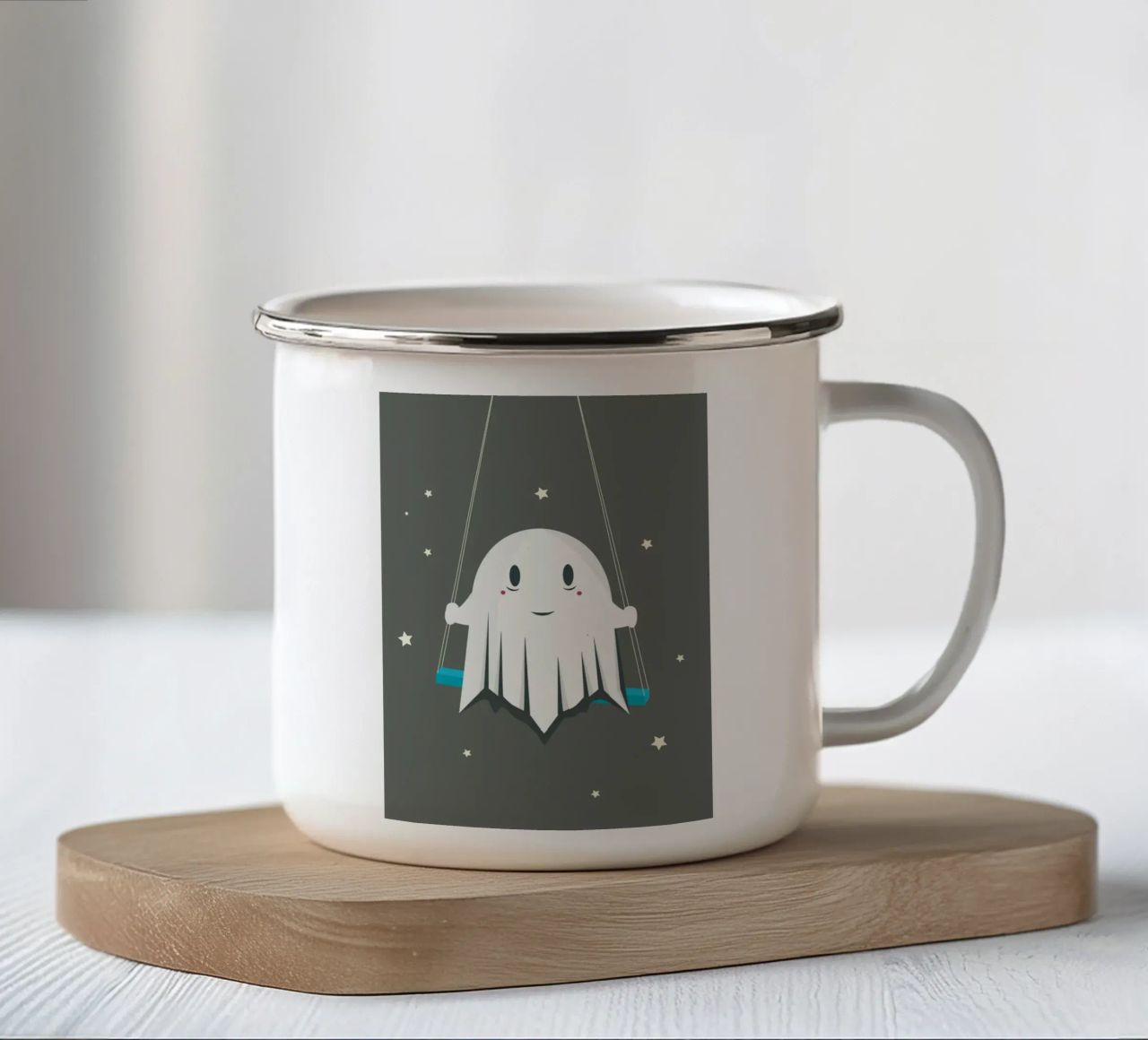 Fantasma sorridente sull'altalena - Halloween giocoso tazza in smalto da namosh