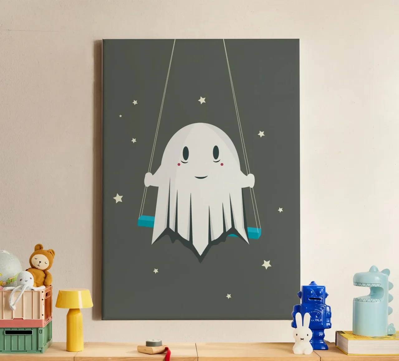 Smiling ghost on the swing - Playful Halloween canvas by namosh