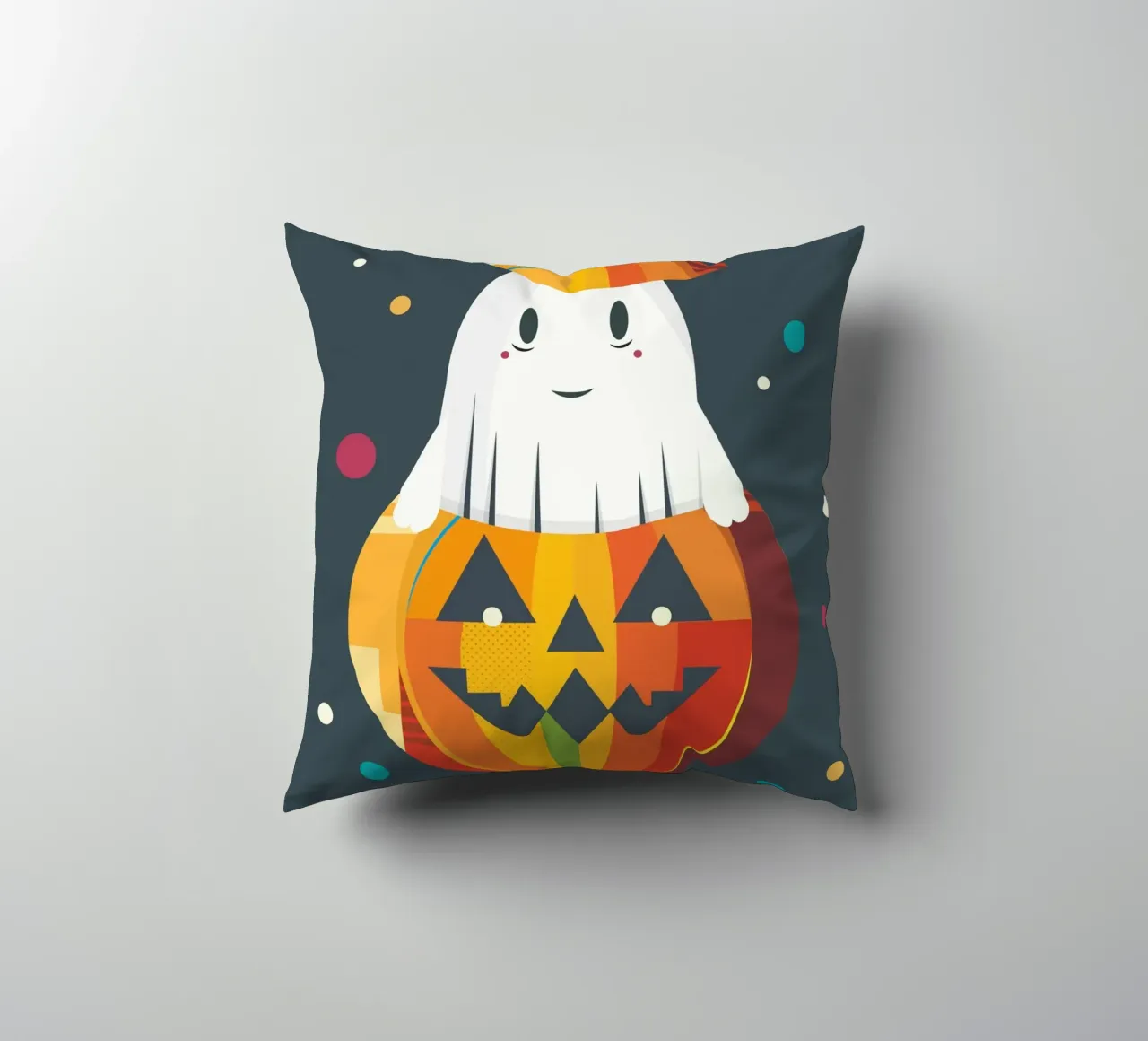 Allegro fantasma di Halloween in una zucca - motivo autunnale colorato cuscino da namosh