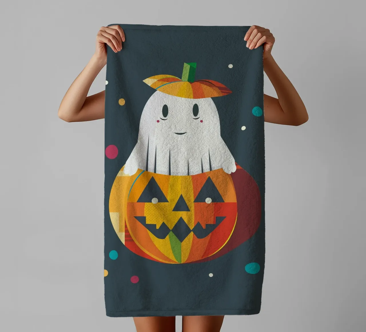 Joyeux fantôme d'Halloween dans une citrouille - Motif automnal coloré serviette de bain de namosh