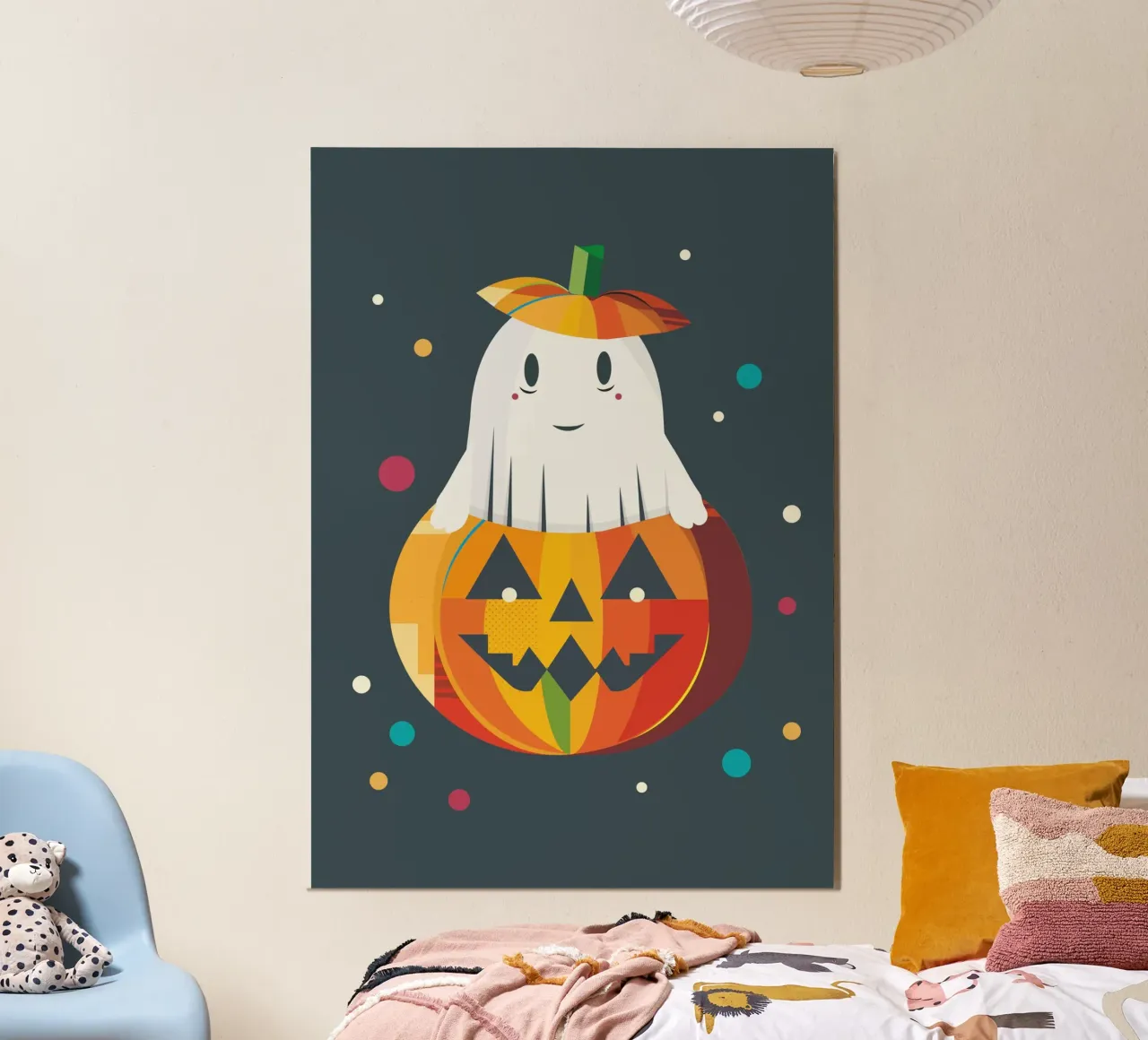 Allegro fantasma di Halloween in una zucca - motivo autunnale colorato poster con telaio in plastica da namosh