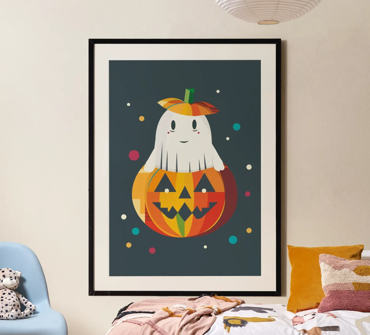 Allegro fantasma di Halloween in una zucca - motivo autunnale colorato poster con telaio in plastica da namosh