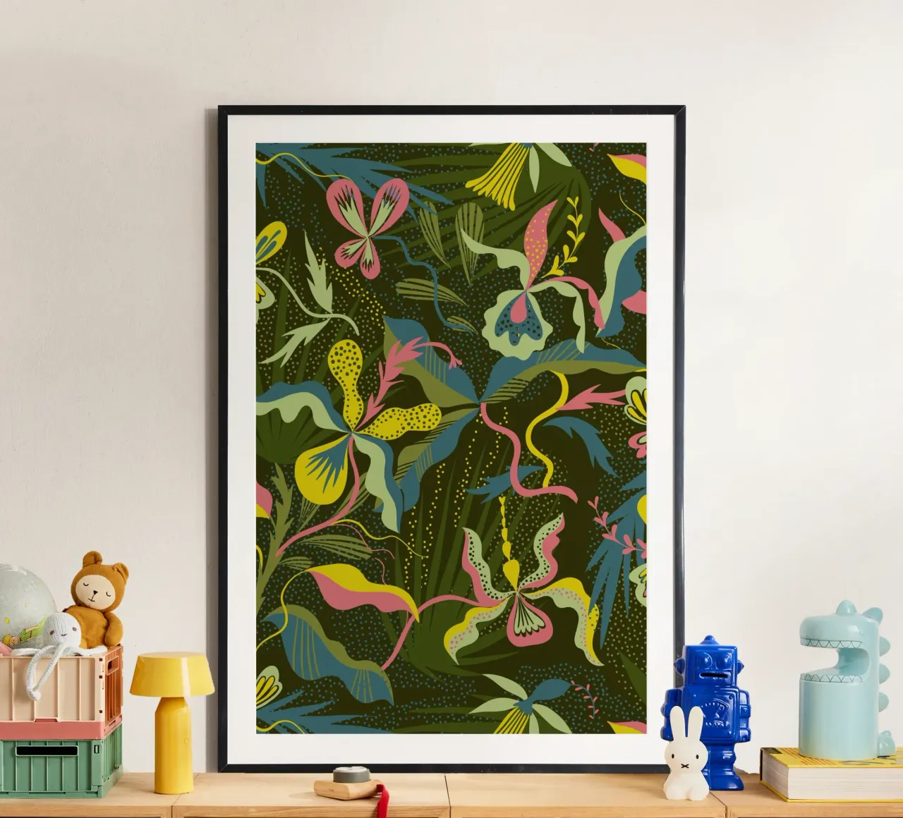 Fiori e foglie colorate poster con telaio in legno da MiraParadies
