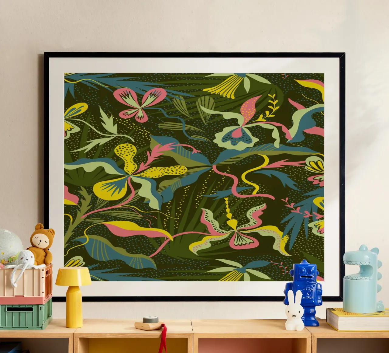 Fiori e foglie colorate poster con telaio in legno da MiraParadies