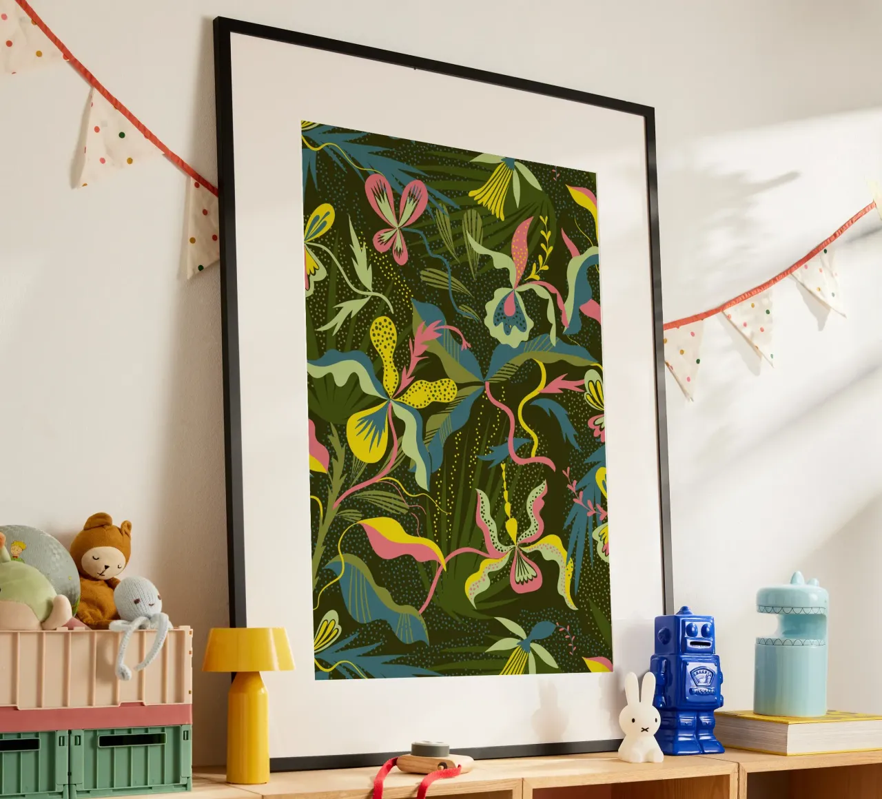 Fiori e foglie colorate poster con telaio in legno da MiraParadies