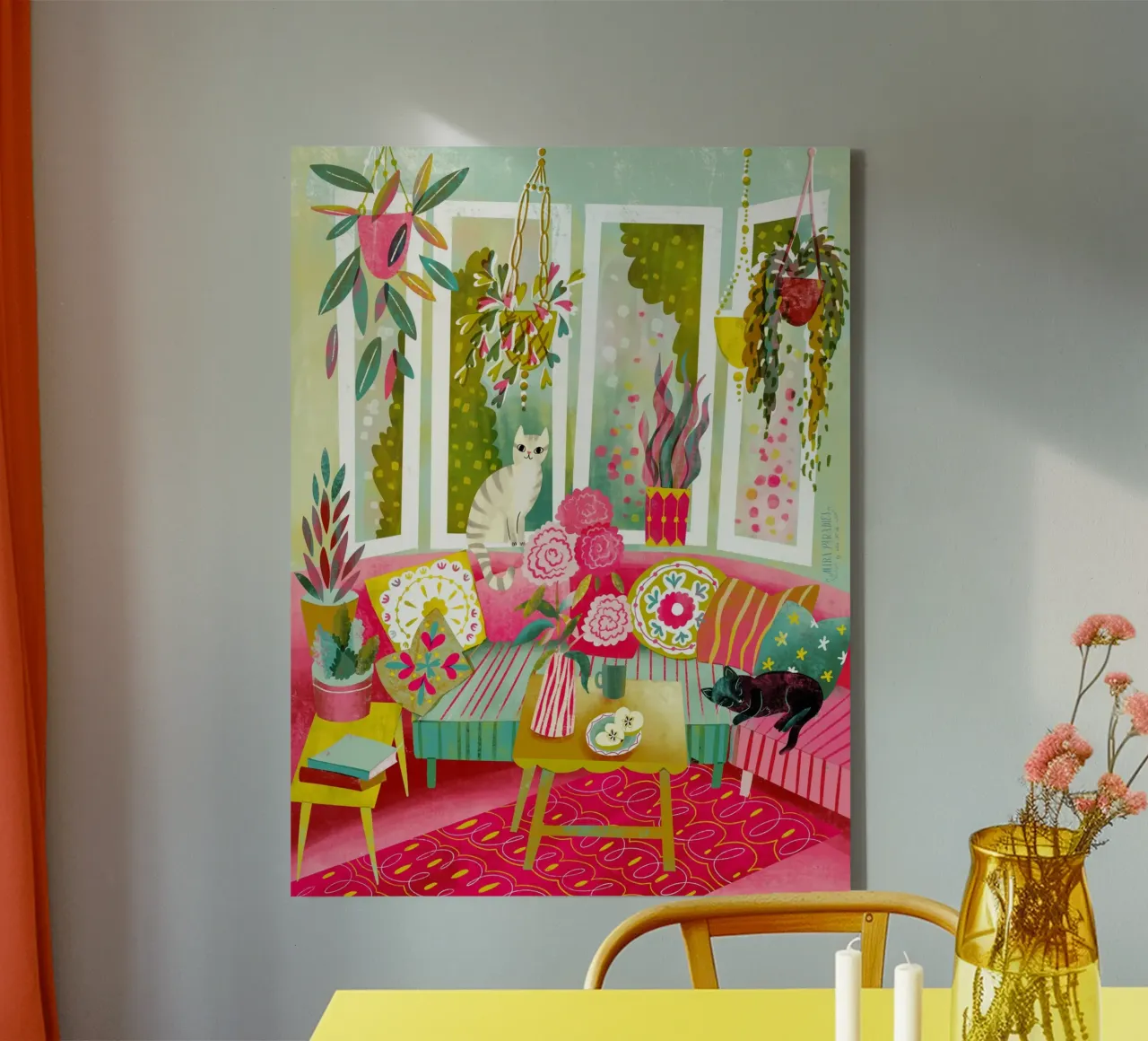 Interno bohémien Cuscini colorati e due gatti tela con Cornice a cassetta da MiraParadies