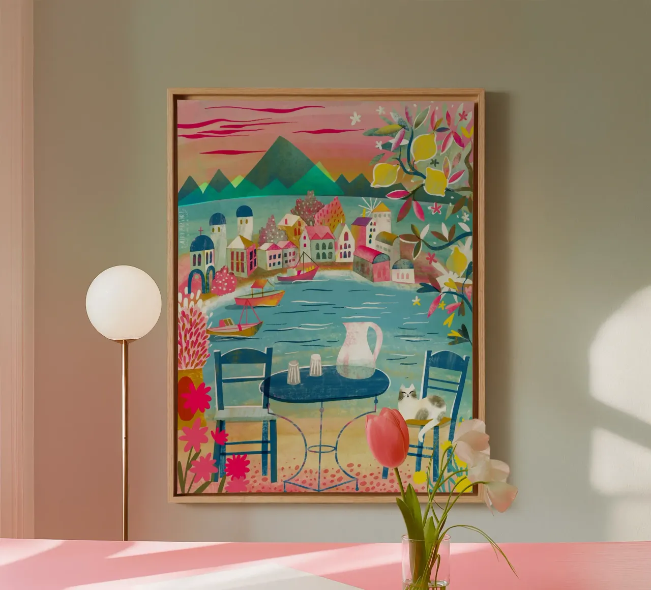Greek Tavern With Cat Under Lemon Tree canvas with Floater frame by MiraParadies