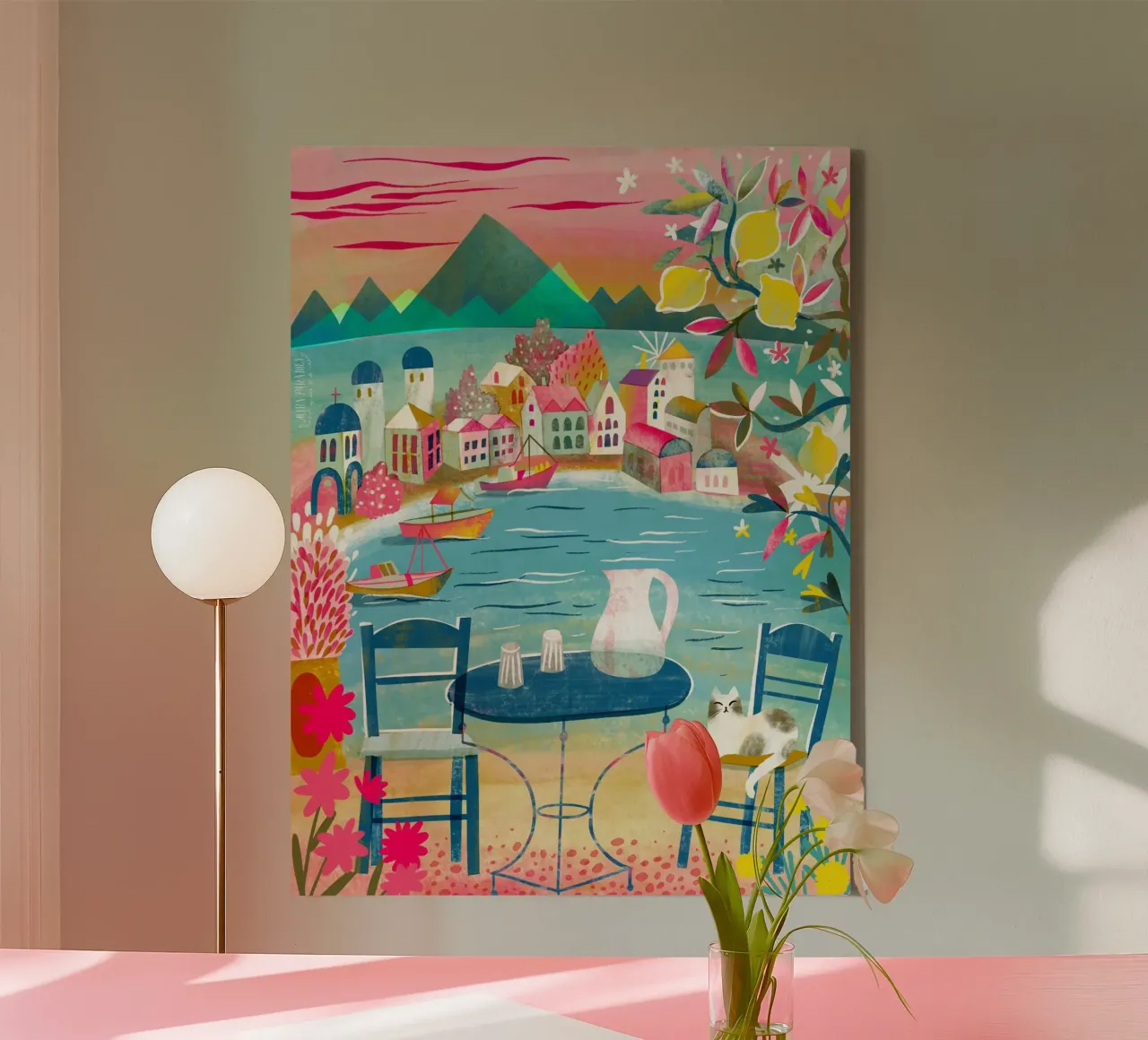 Greek Tavern With Cat Under Lemon Tree canvas with Floater frame by MiraParadies