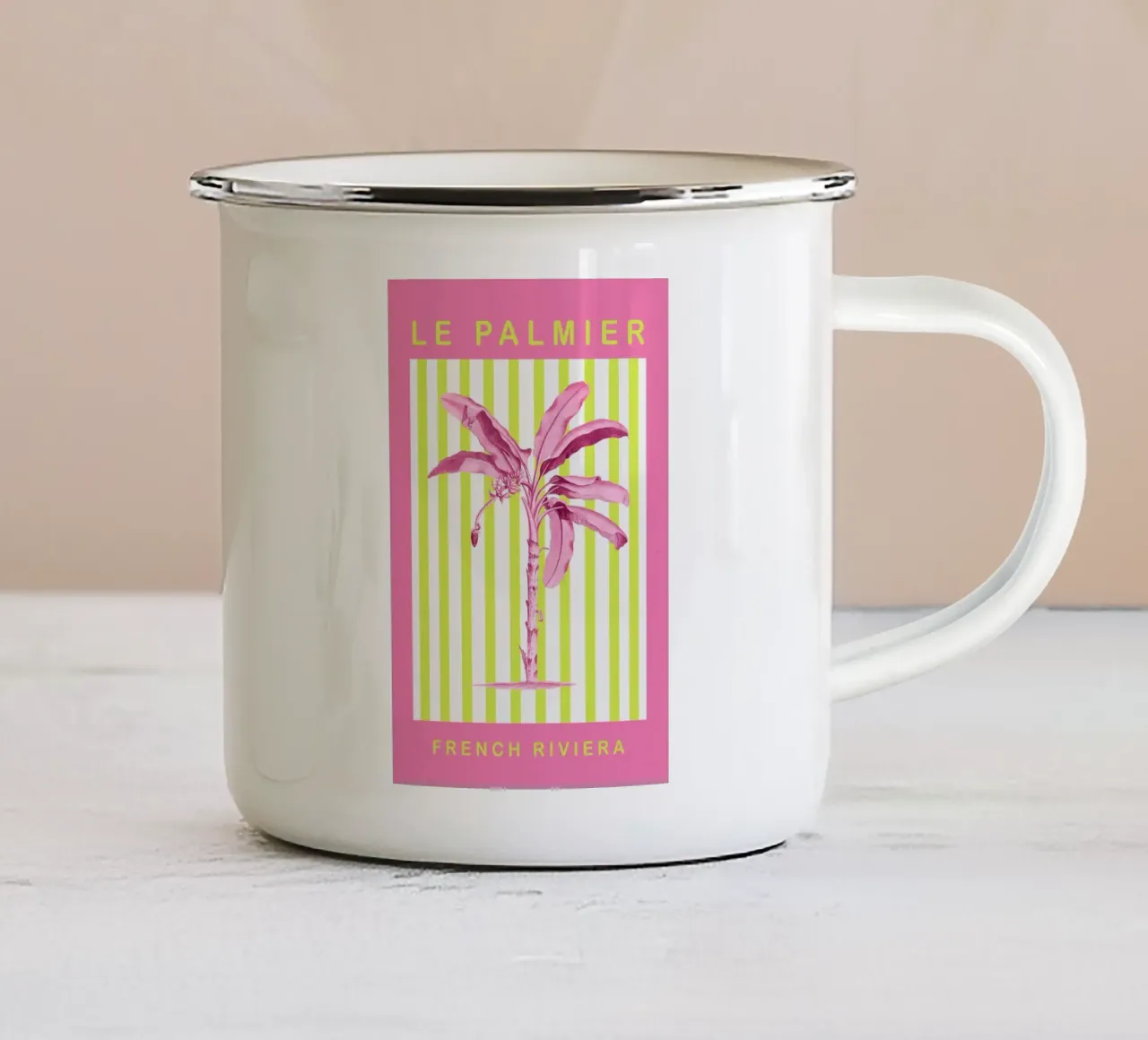 Neon Green and Pink Palm Tree Maximalist Art tazza in smalto da GraceDigitalArtCo