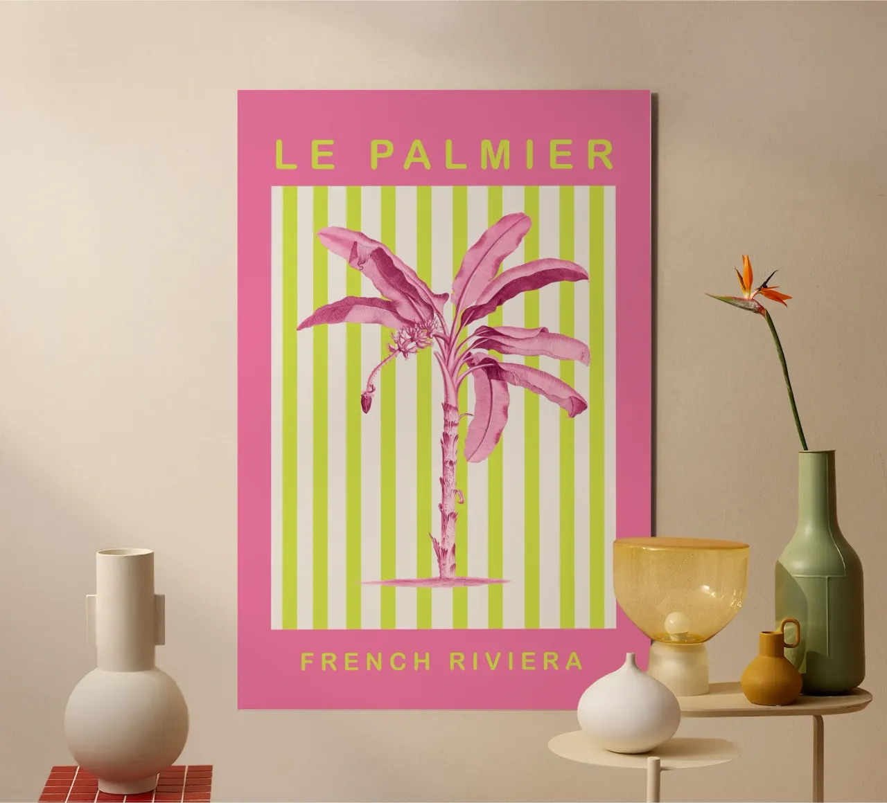 Neon Green and Pink Palm Tree Maximalist Art alluminio dibond da GraceDigitalArtCo