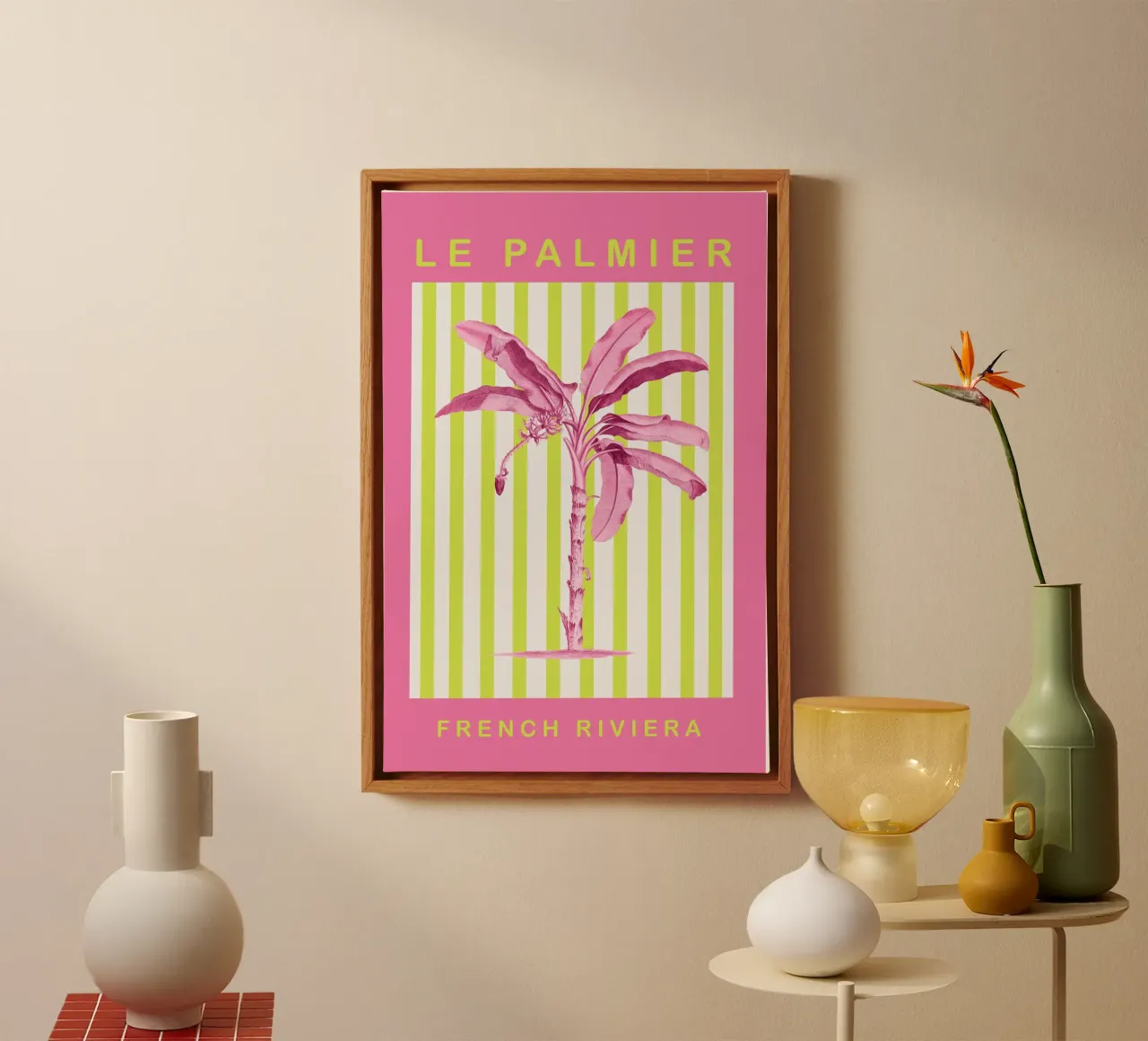 Neon Green and Pink Palm Tree Maximalist Art tela con Cornice a cassetta da GraceDigitalArtCo