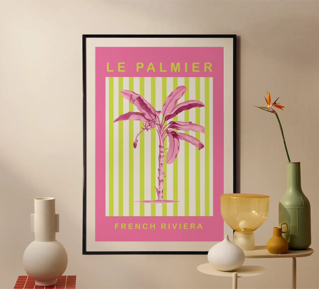 Neon Green and Pink Palm Tree Maximalist Art poster con telaio in legno da GraceDigitalArtCo