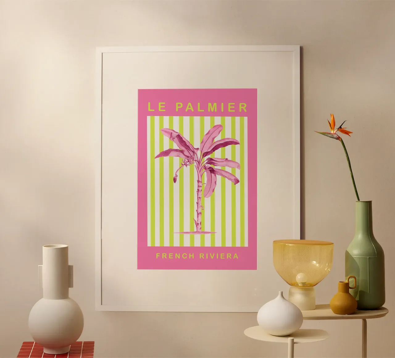 Neon Green and Pink Palm Tree Maximalist Art poster con telaio in legno da GraceDigitalArtCo
