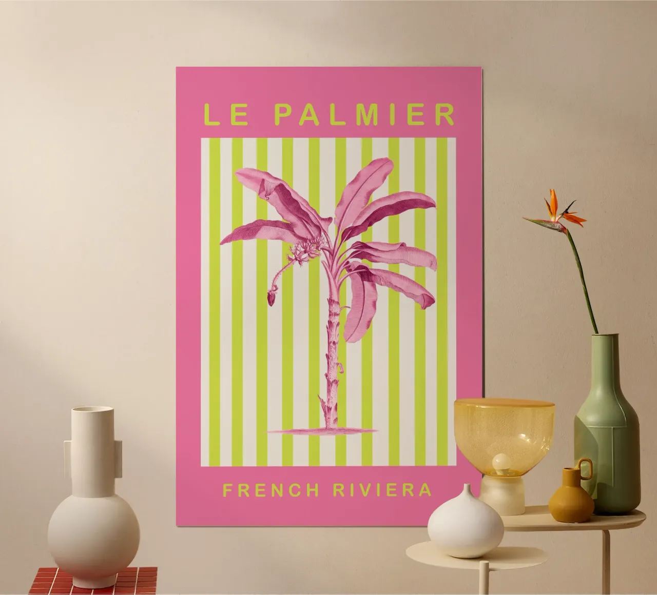 Neon Green and Pink Palm Tree Maximalist Art poster con telaio in legno da GraceDigitalArtCo