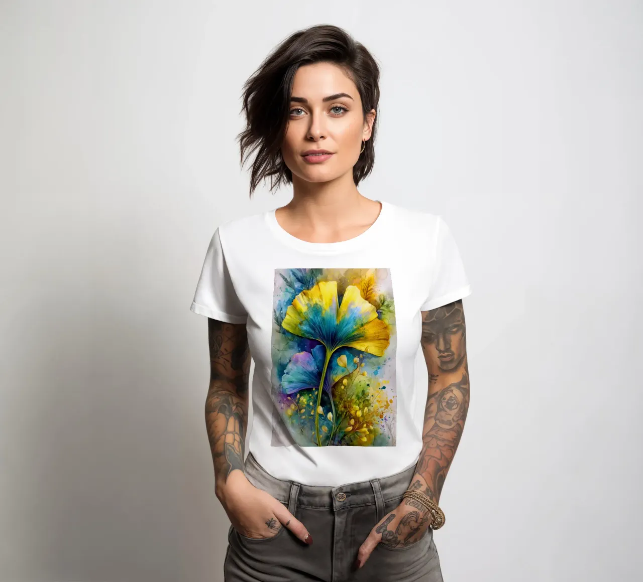 Ginkgo leaves yellow and blue women's fitted t-shirt by Justyna Jaszke JBJart