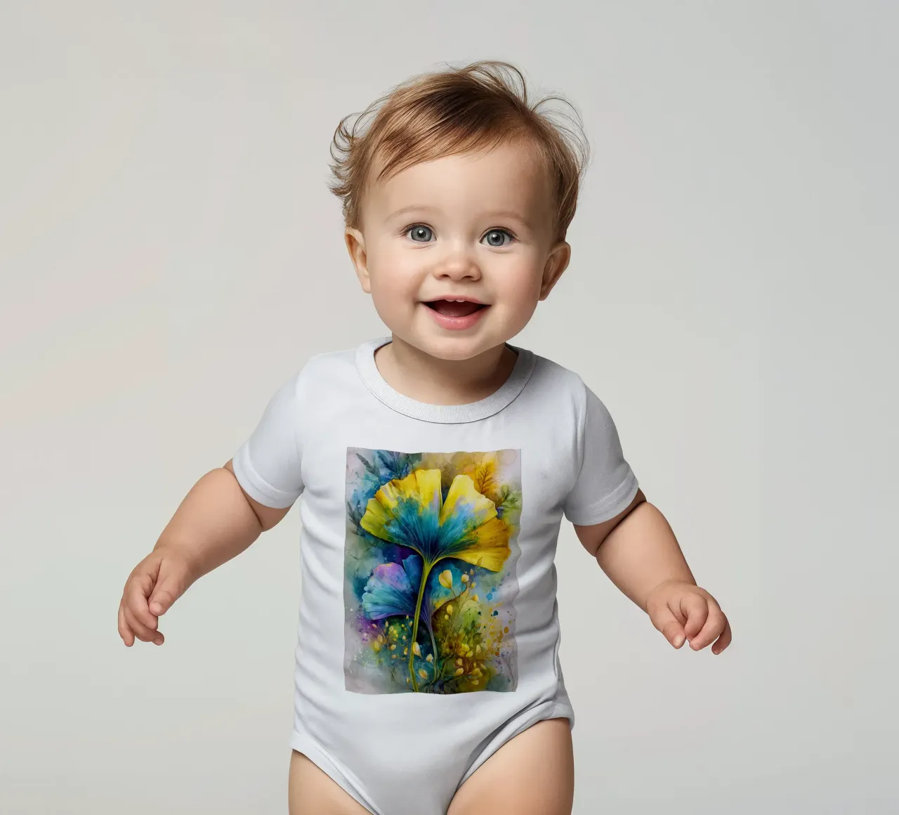 Foglie di ginkgo gialle e blu body neonato maniche corte da Justyna Jaszke JBJart