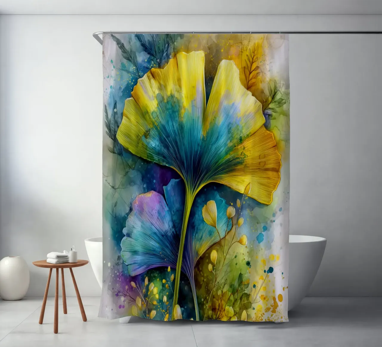 Ginkgo leaves yellow and blue shower curtain by Justyna Jaszke JBJart