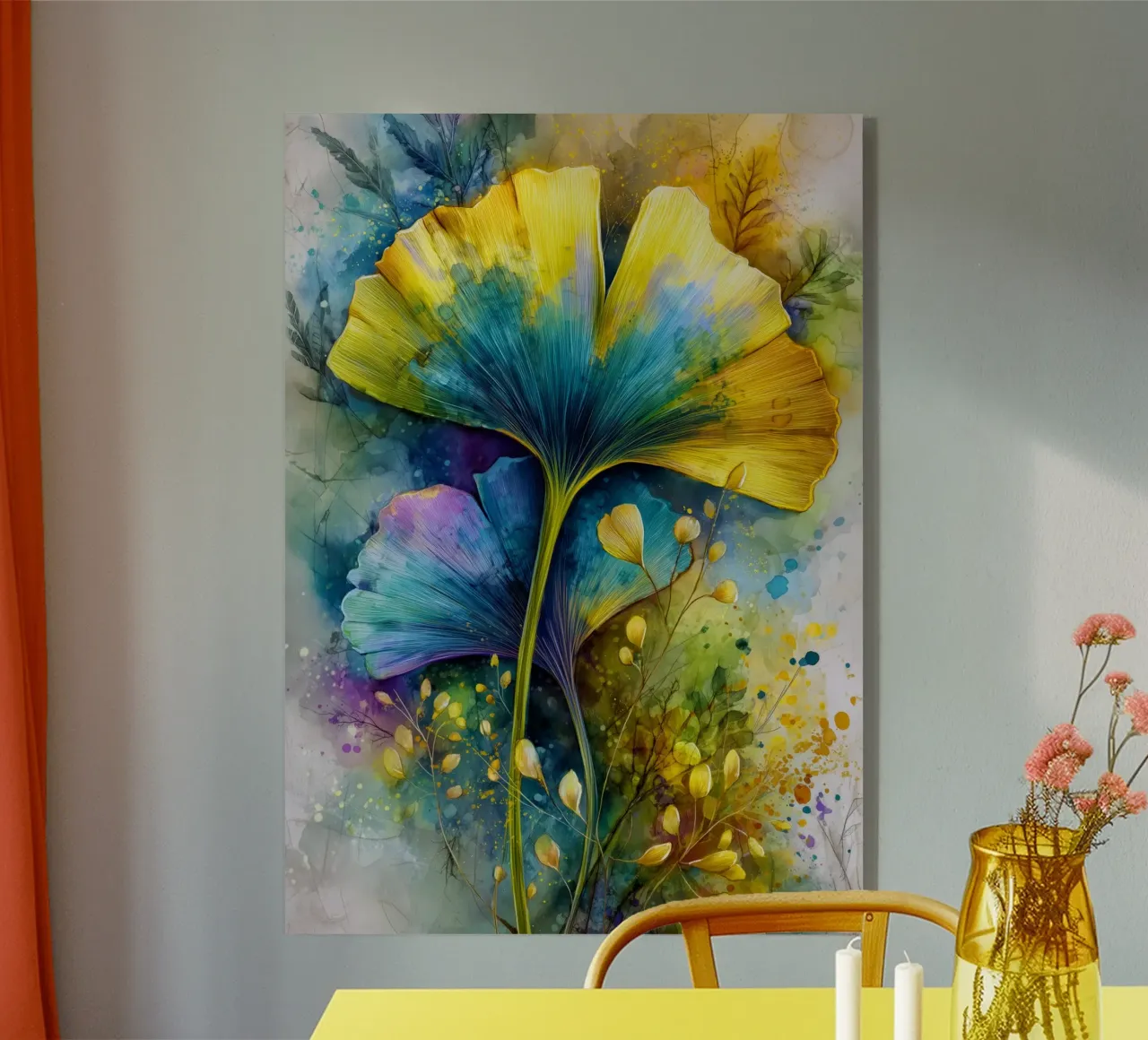 Ginkgo leaves yellow and blue acrylic glass by Justyna Jaszke JBJart
