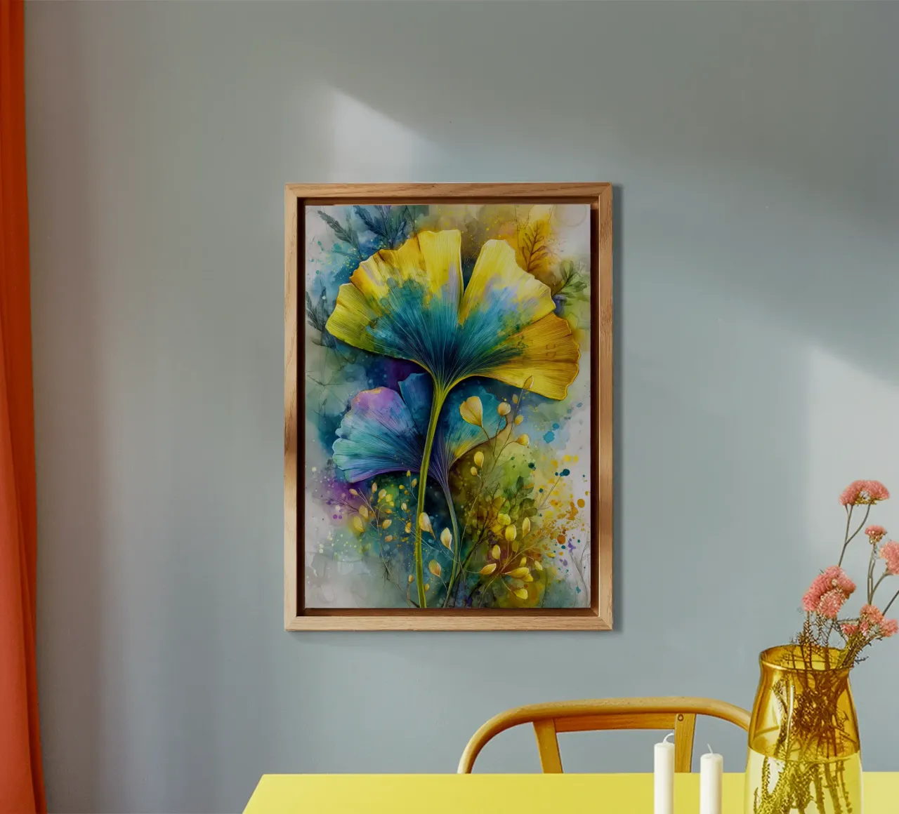 Ginkgoblätter gelb und blau Alu-Dibond von Justyna Jaszke JBJart