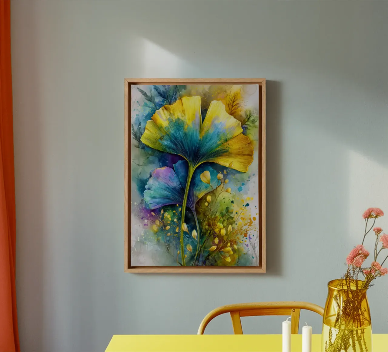 Foglie di ginkgo gialle e blu tela con Cornice a cassetta da Justyna Jaszke JBJart