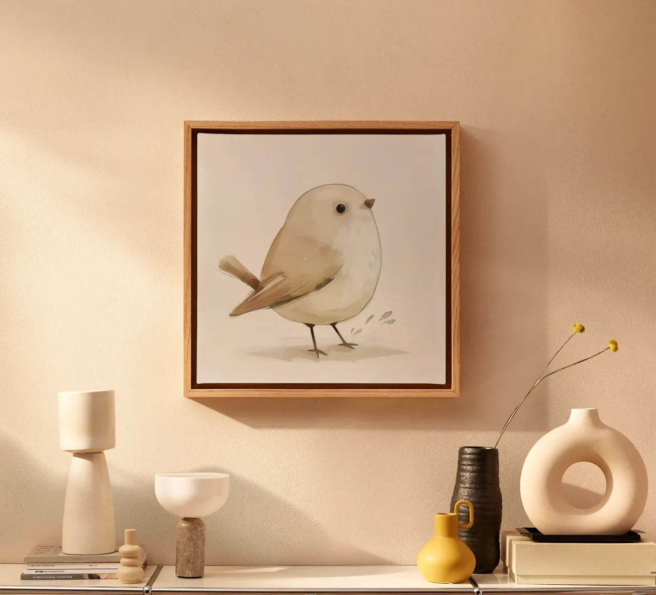 Illustrazione di un uccello marrone chiaro tela con Cornice a cassetta da DesignDoodle