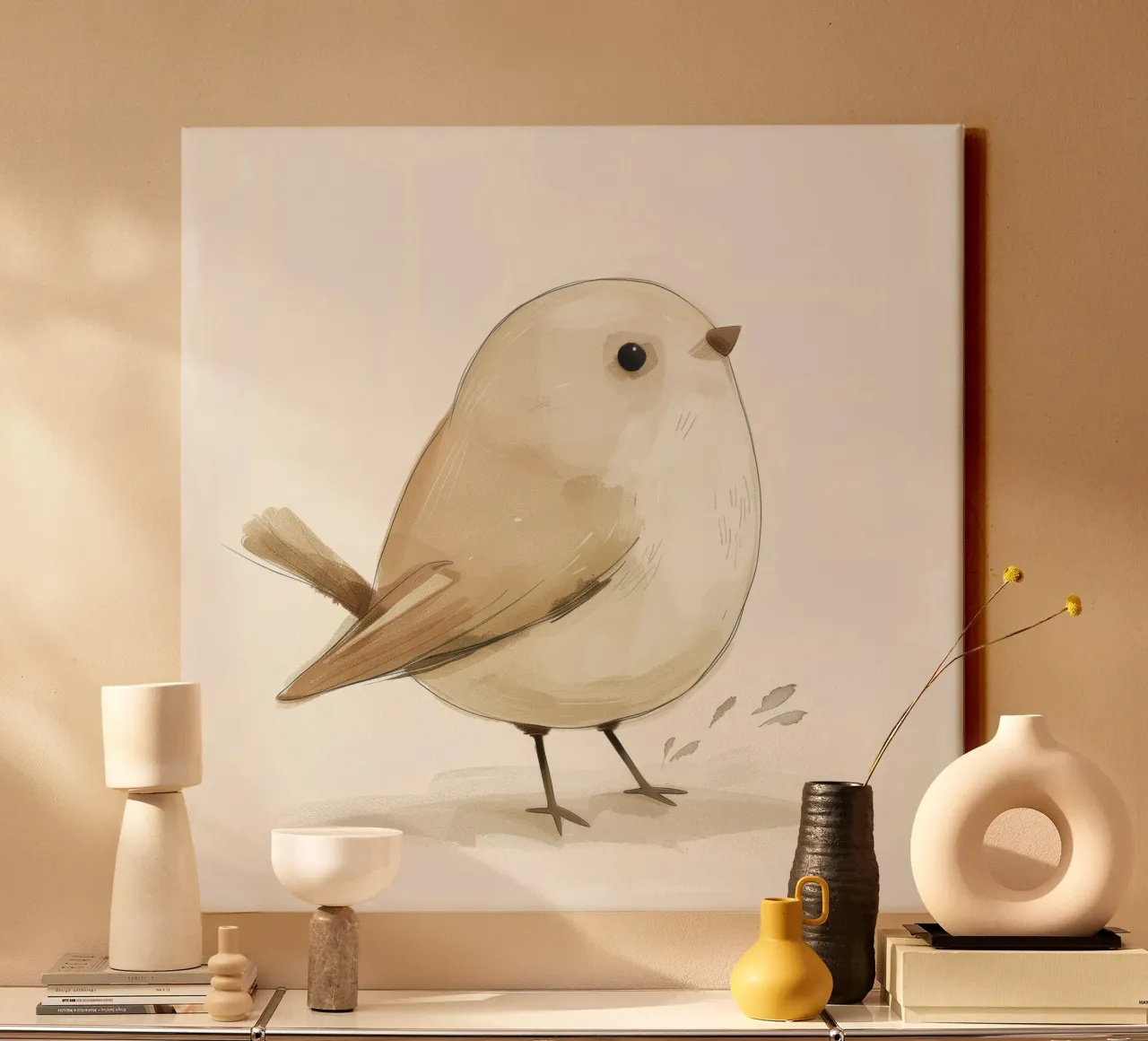 Illustrazione di un uccello marrone chiaro tela con Cornice a cassetta da DesignDoodle