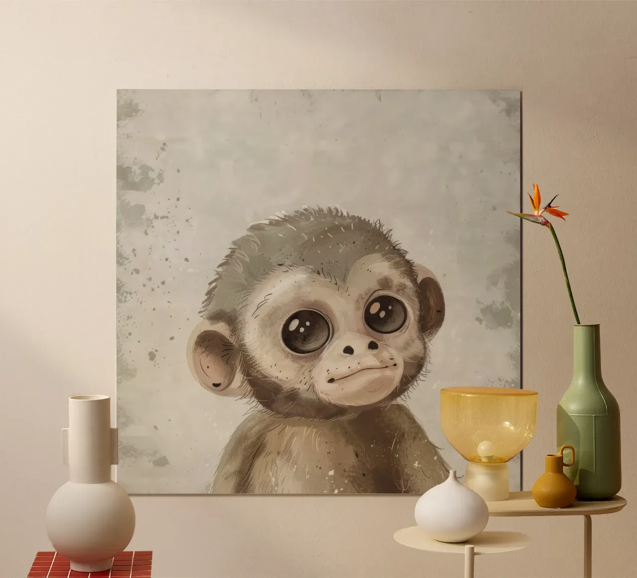 Schattige kapucijnaap met grote ogen poster met houten frame van DesignDoodle