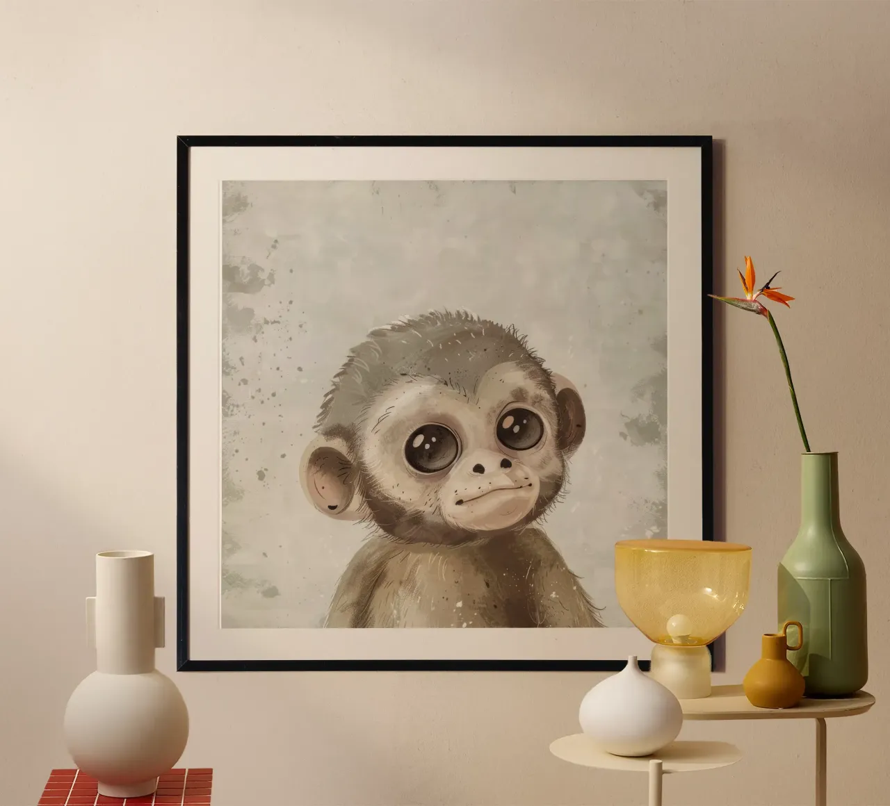 Schattige kapucijnaap met grote ogen poster met houten frame van DesignDoodle