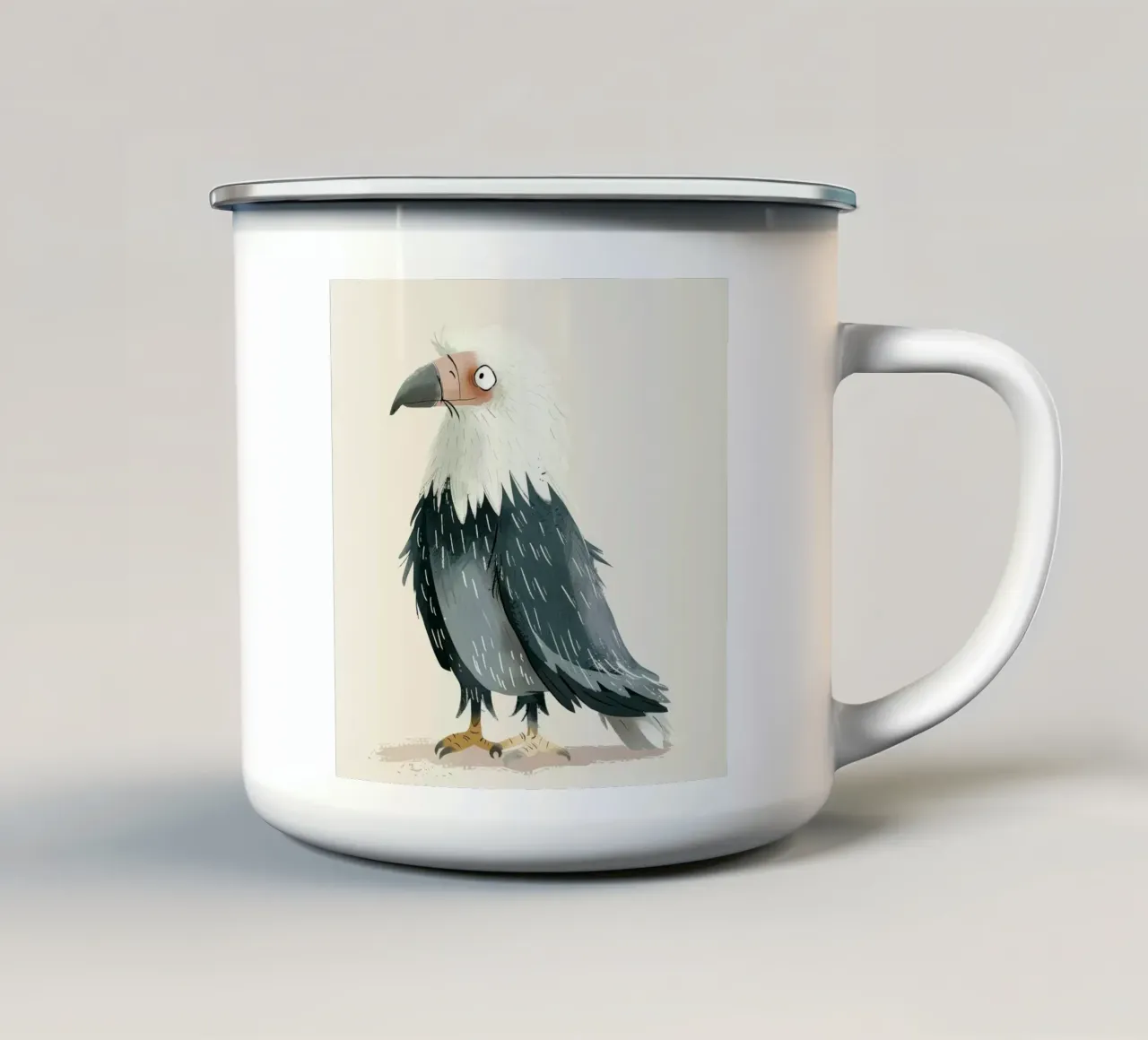 Illustrazione di un falco stilizzato bianco e grigio tazza in smalto da DesignDoodle
