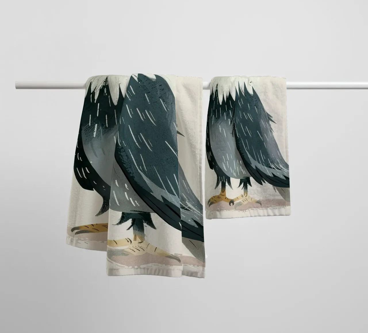 Illustrazione di un falco stilizzato bianco e grigio asciugamano da bagno da DesignDoodle