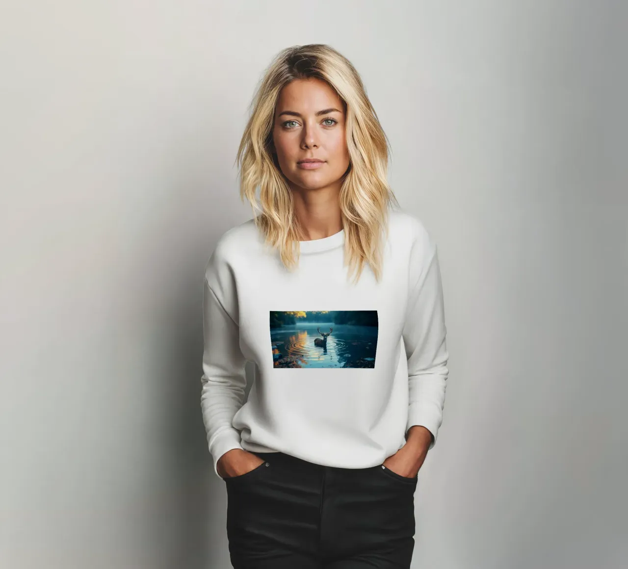 Hirsche in einem ruhigen Fluss Sweatshirt von Wild Beauty