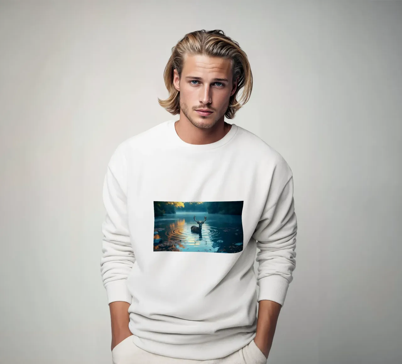 Hirsche in einem ruhigen Fluss Sweatshirt von Wild Beauty