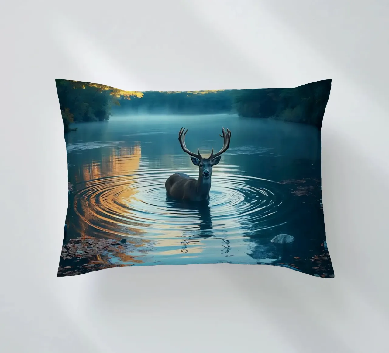 Cervi in un fiume tranquillo cuscino da Wild Beauty