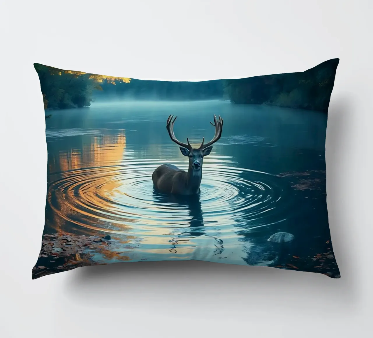 Cervi in un fiume tranquillo cuscino da Wild Beauty