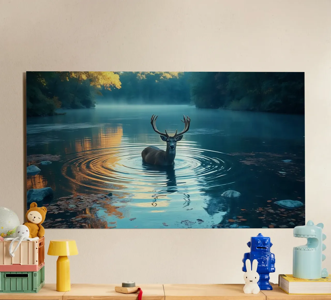 Cervi in un fiume tranquillo alluminio dibond da Wild Beauty