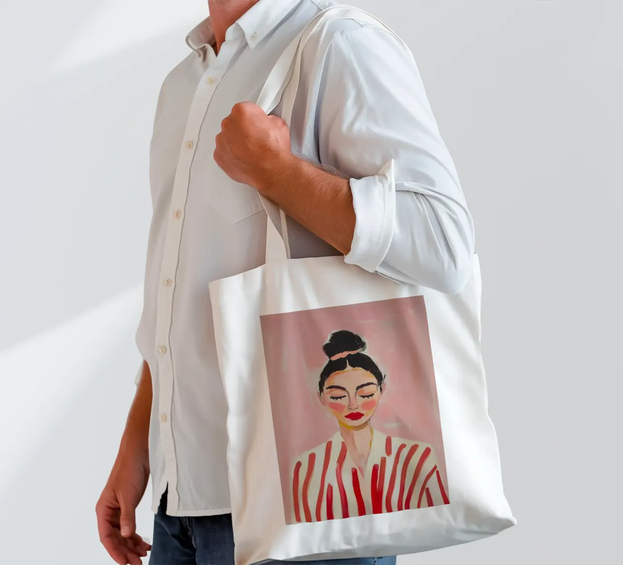 Donna con chignon e strisce borsa in juta da Euphoria Theresa