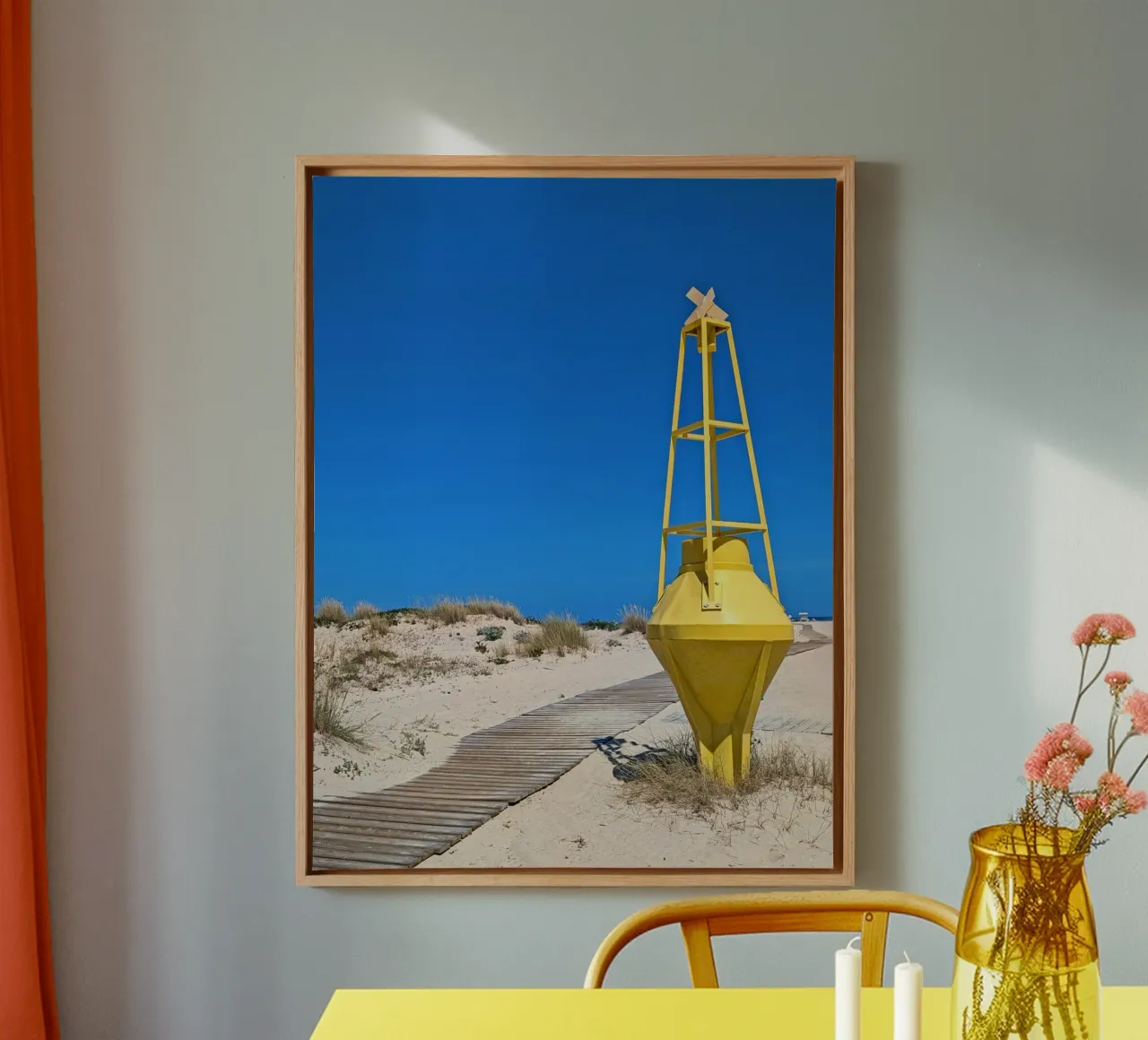 Faro giallo sull'isola di Armona, Algarve, Portogallo tela con Cornice a cassetta da Hecate Pim Designs