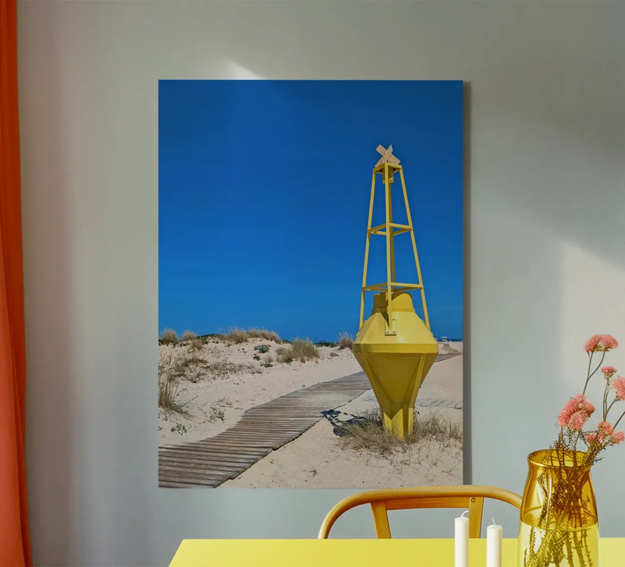 Faro giallo sull'isola di Armona, Algarve, Portogallo tela con Cornice a cassetta da Hecate Pim Designs