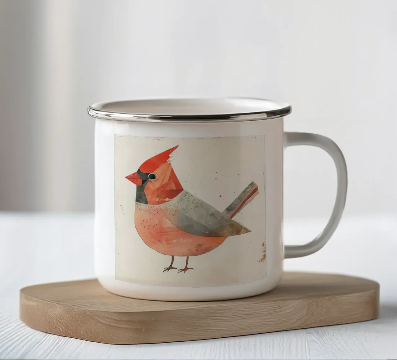 Impression d'art abstrait de l'oiseau cardinal - Minimalist art warm tone mug en émail de DesignDoodle