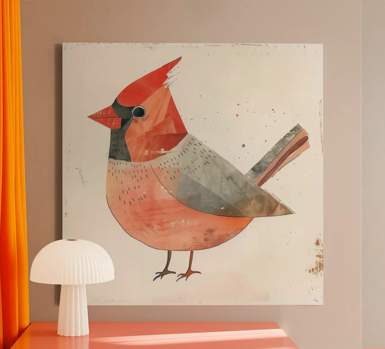 Abstract Cardinal Bird Art Print – Minimalist art warm tone canvas by DesignDoodle