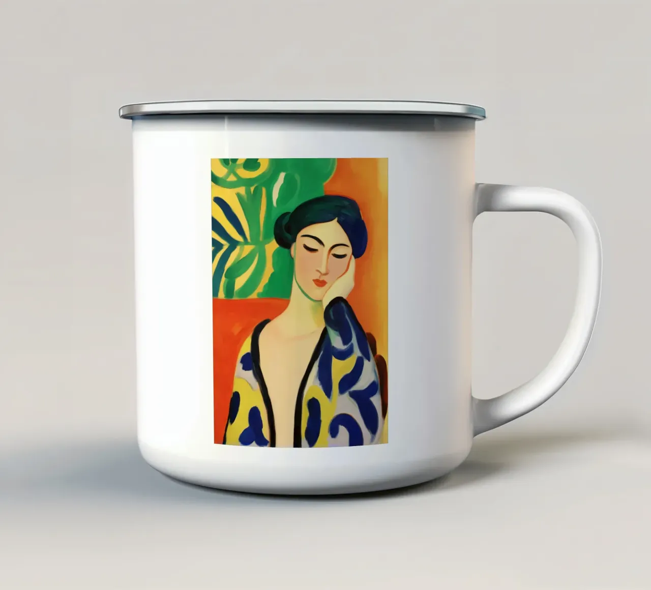 Melancholic Woman in a Dressing Gown | Classical Painting enamel mug by Autofocus