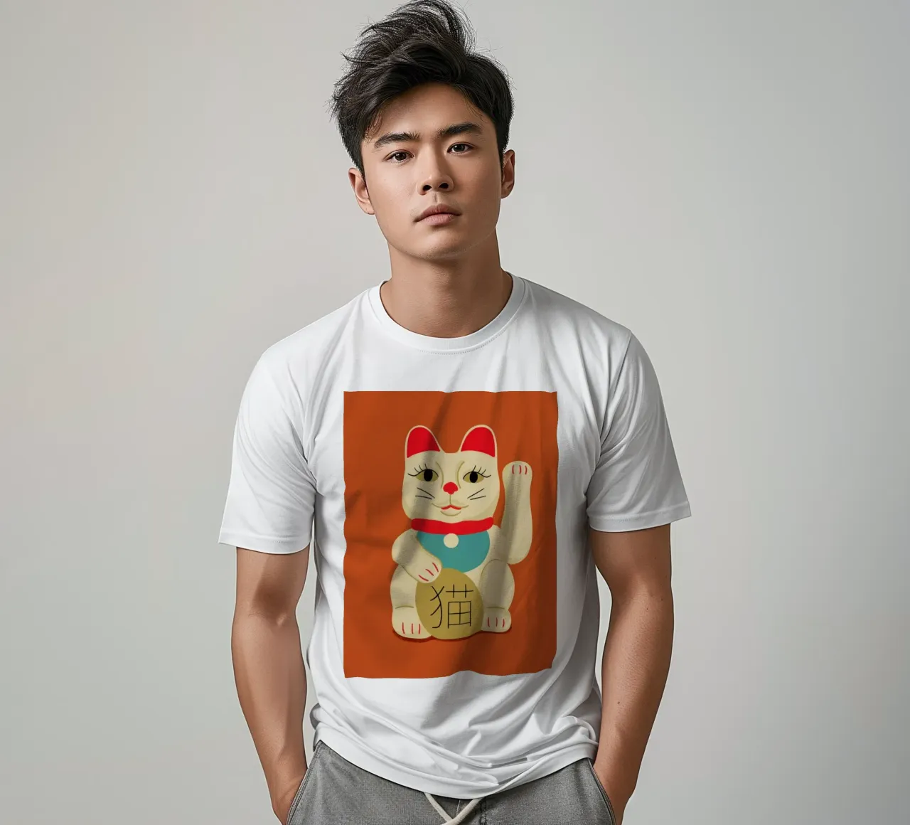 Maneki Neko Cat On Orange t-shirt da Be Mart