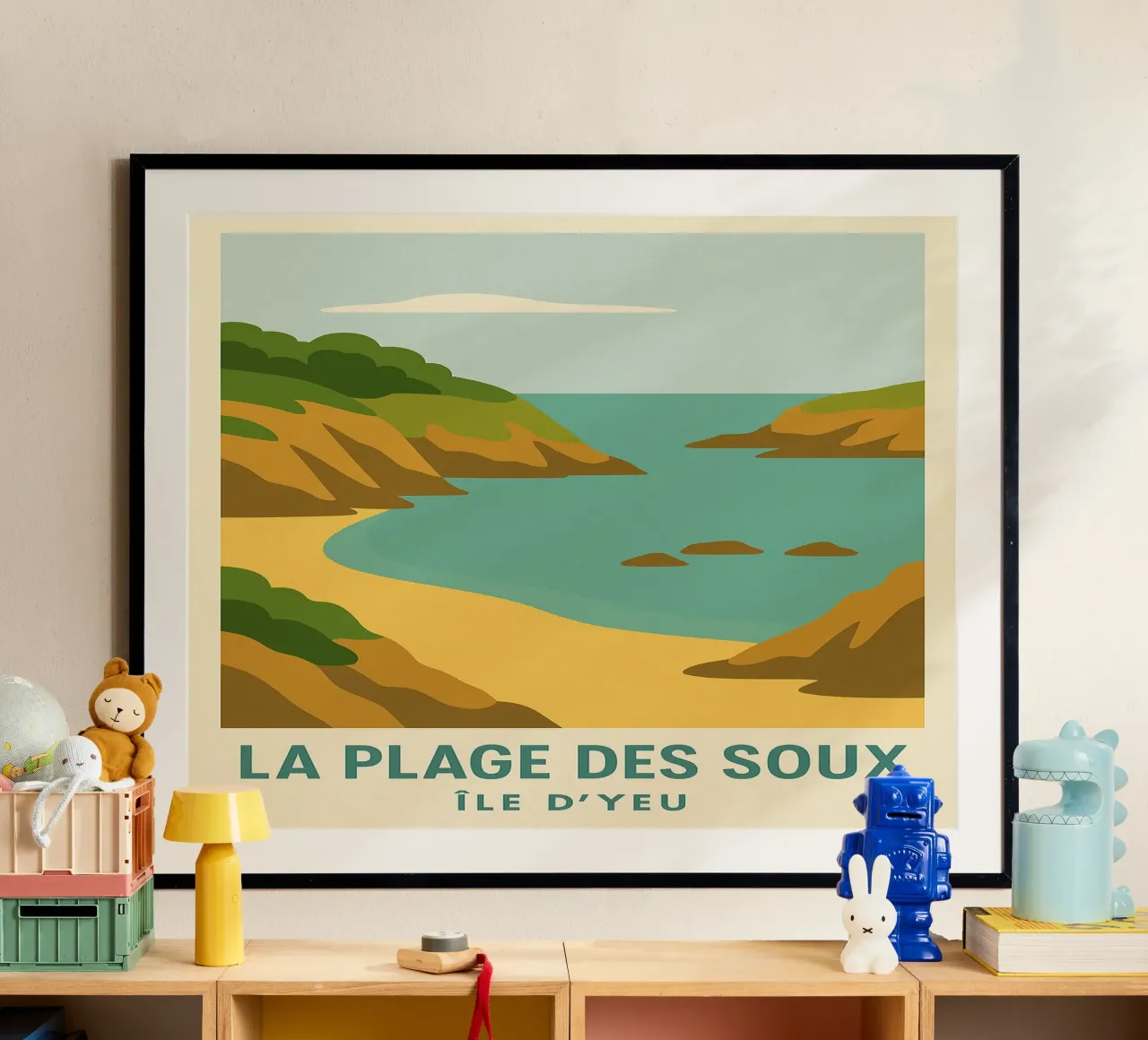 La Plage des Soux - Isola di Yeu poster con telaio in legno da JETLAG | affiches voyage