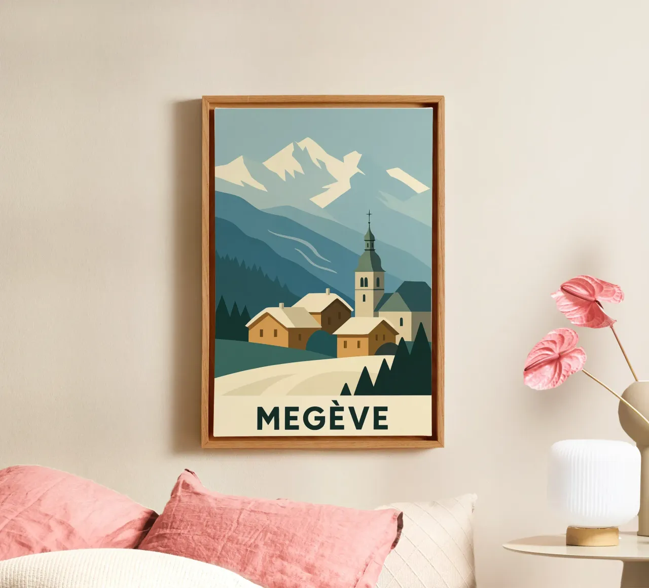 Megève - Eleganza invernale e morbidezza alpina tela con Cornice a cassetta da JETLAG | affiches voyage