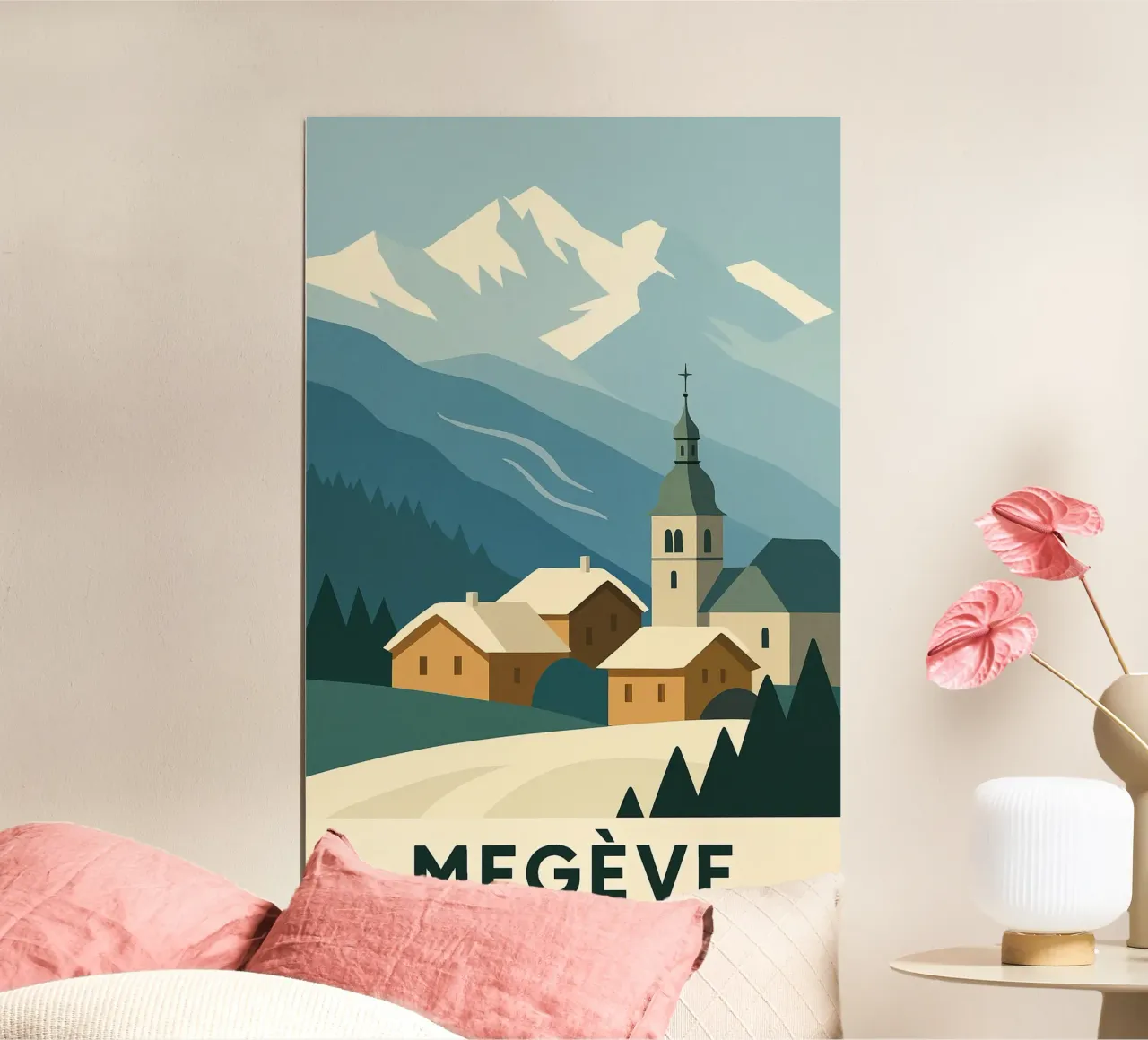 Megève - Eleganza invernale e morbidezza alpina poster con telaio in alluminio da JETLAG | affiches voyage