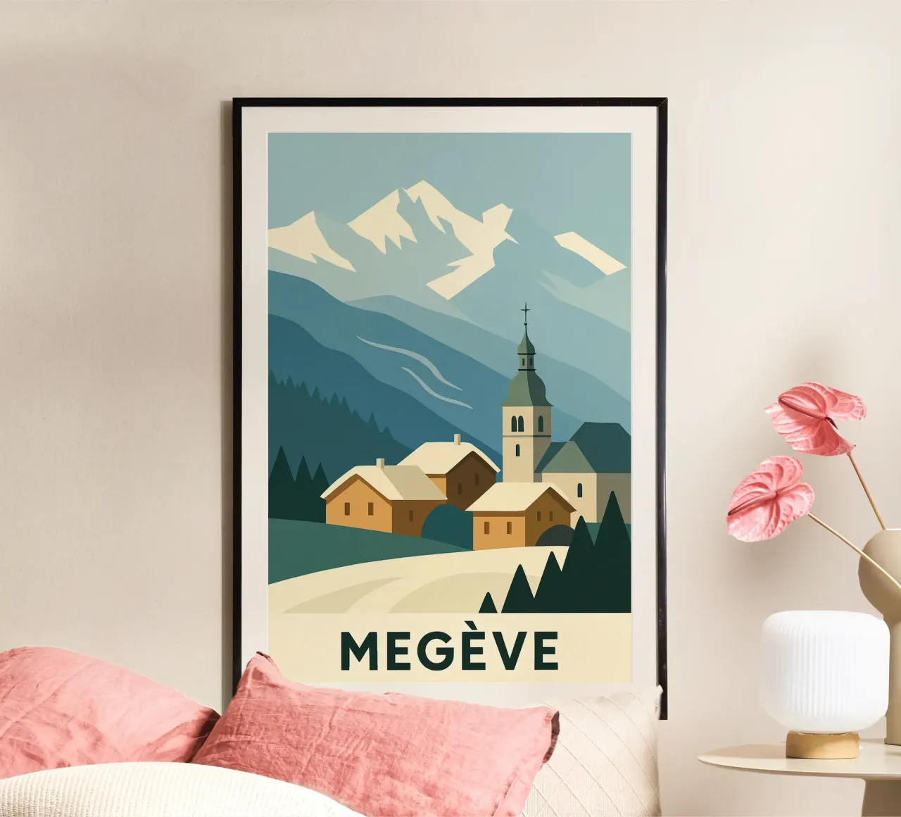 Megève - Eleganza invernale e morbidezza alpina poster con telaio in alluminio da JETLAG | affiches voyage