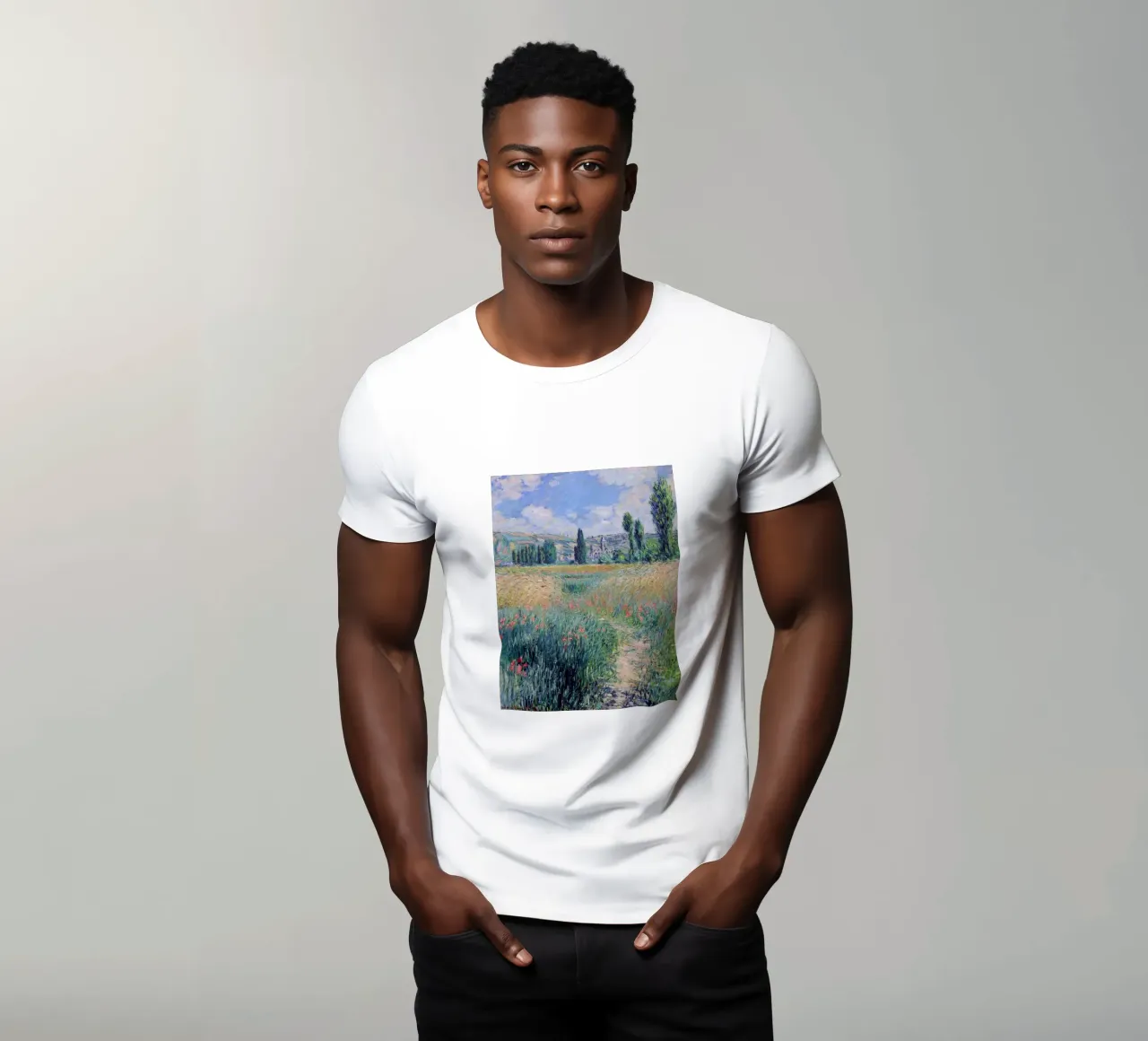 klaprozen weide platteland idyllisch claude monet t-shirt van belong shop